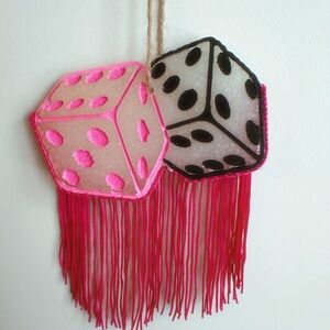 Large Car Freshie . Pink and White Dice with Fringe. Scent Dragon Berry